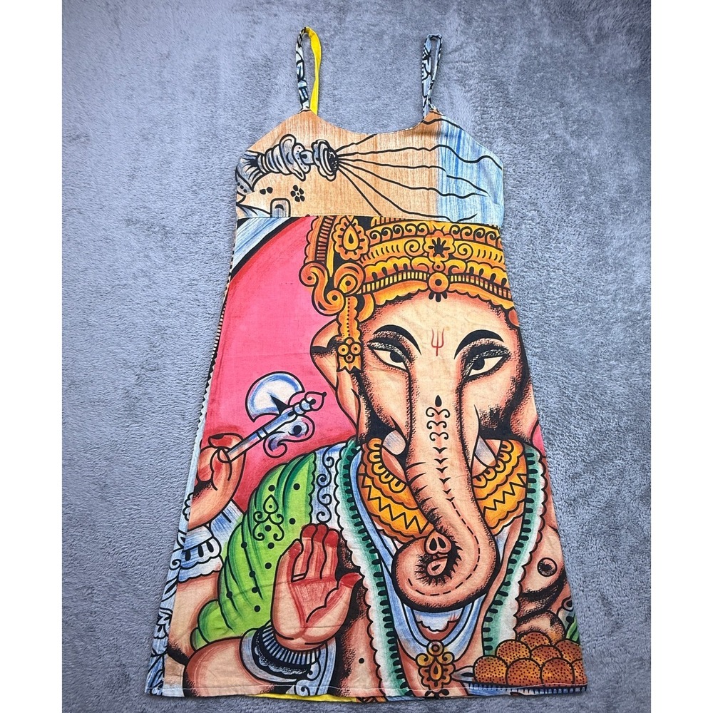 Ganesh Vintage Woven Dress Colorful Art To Wear Spaghetti Strap Womens XL